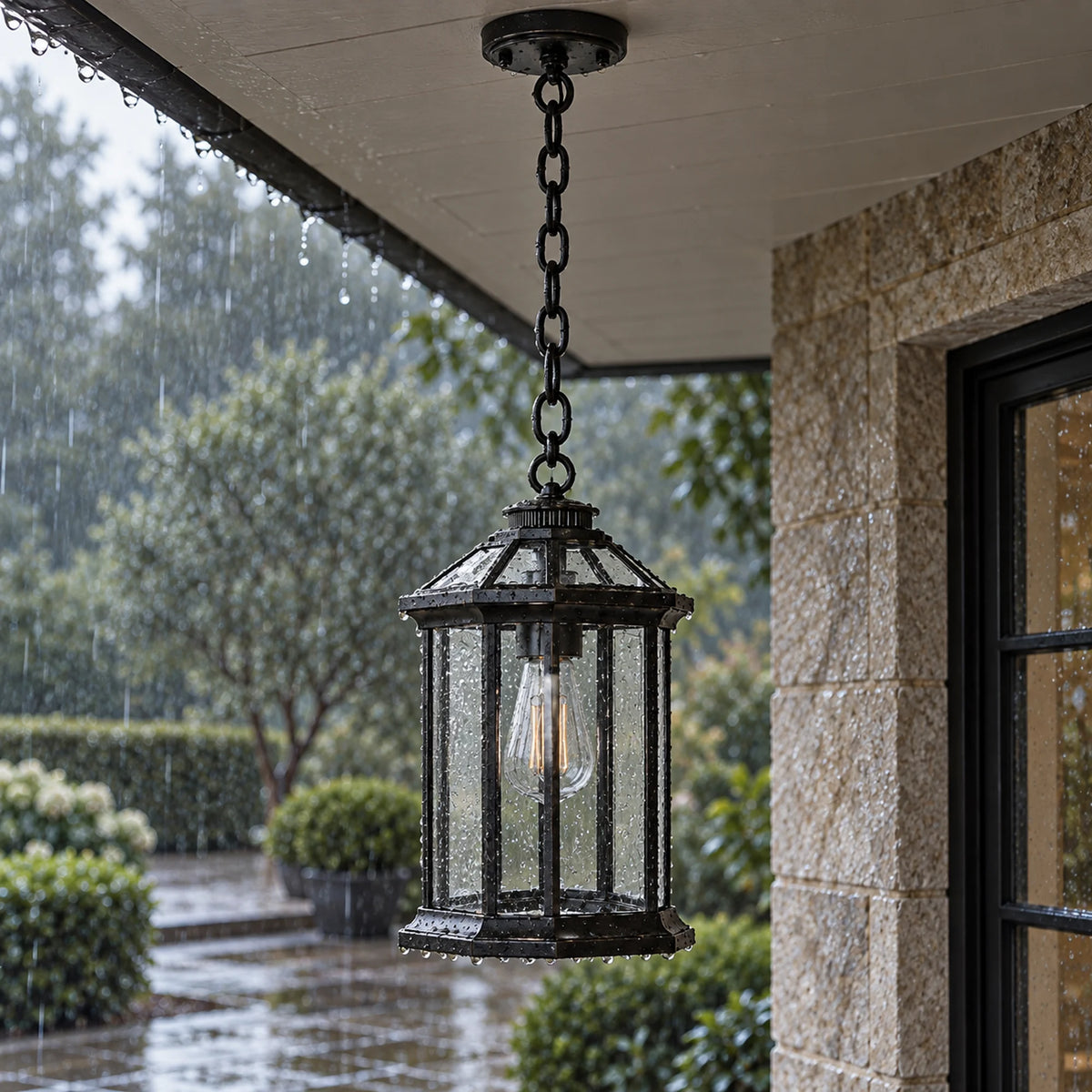 Portiva | Classic Outdoor Hanging Pendant Lantern with Clear Glass, Sandblasted Black Finish & IP65 Protection