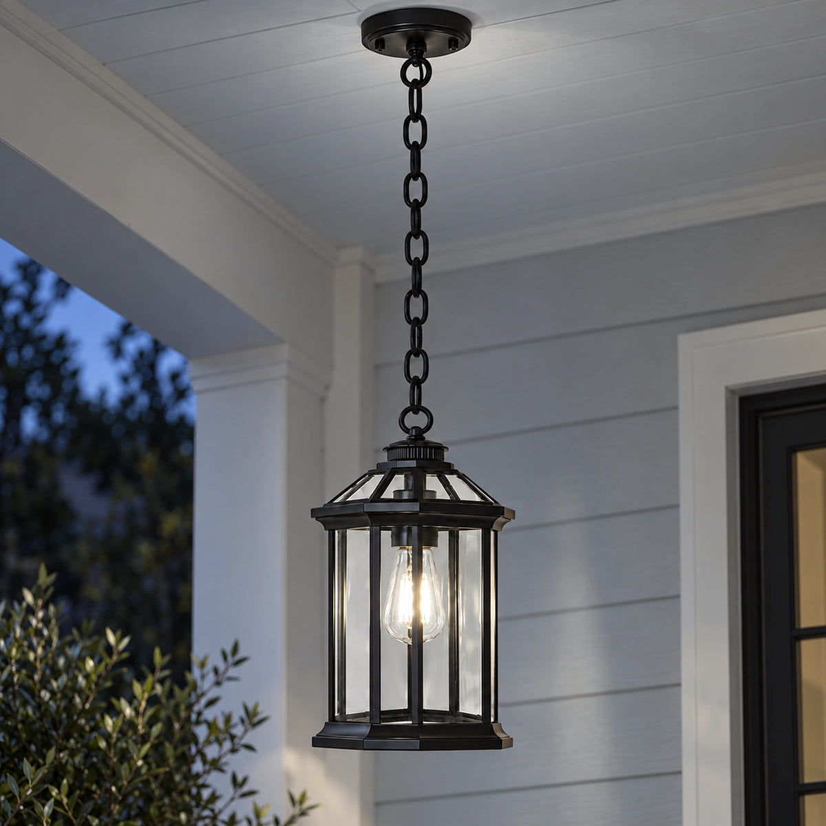 Portiva | Classic Outdoor Hanging Pendant Lantern with Clear Glass, Sandblasted Black Finish & IP65 Protection