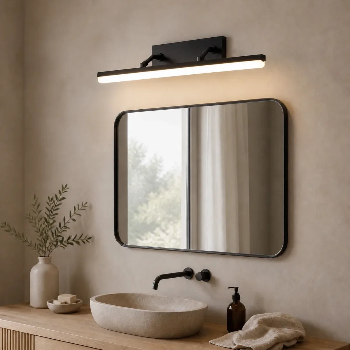 Luminara Black 16 inch dual-rod bathroom vanity light close lifestyle view