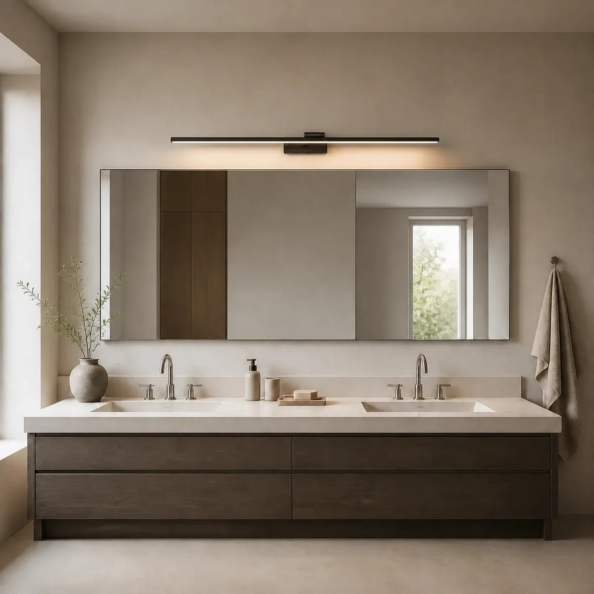 Luminara Black 39.4 inch adjustable vanity light in a double bathroom