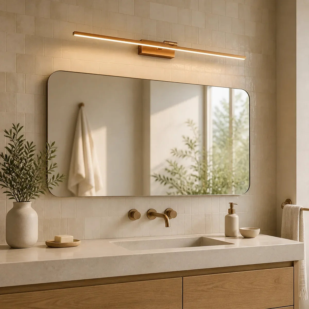 Luminara Copper 31.5 inch adjustable vanity light above a bathroom mirror