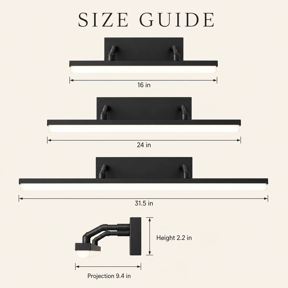 Luminara dual-rod vanity light illustrated size guide for 16, 24 and 31.5 inch lengths