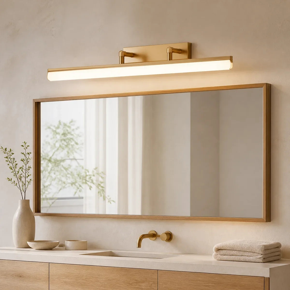 Luminara Gold 24 inch dual-rod bathroom vanity light above a mirror