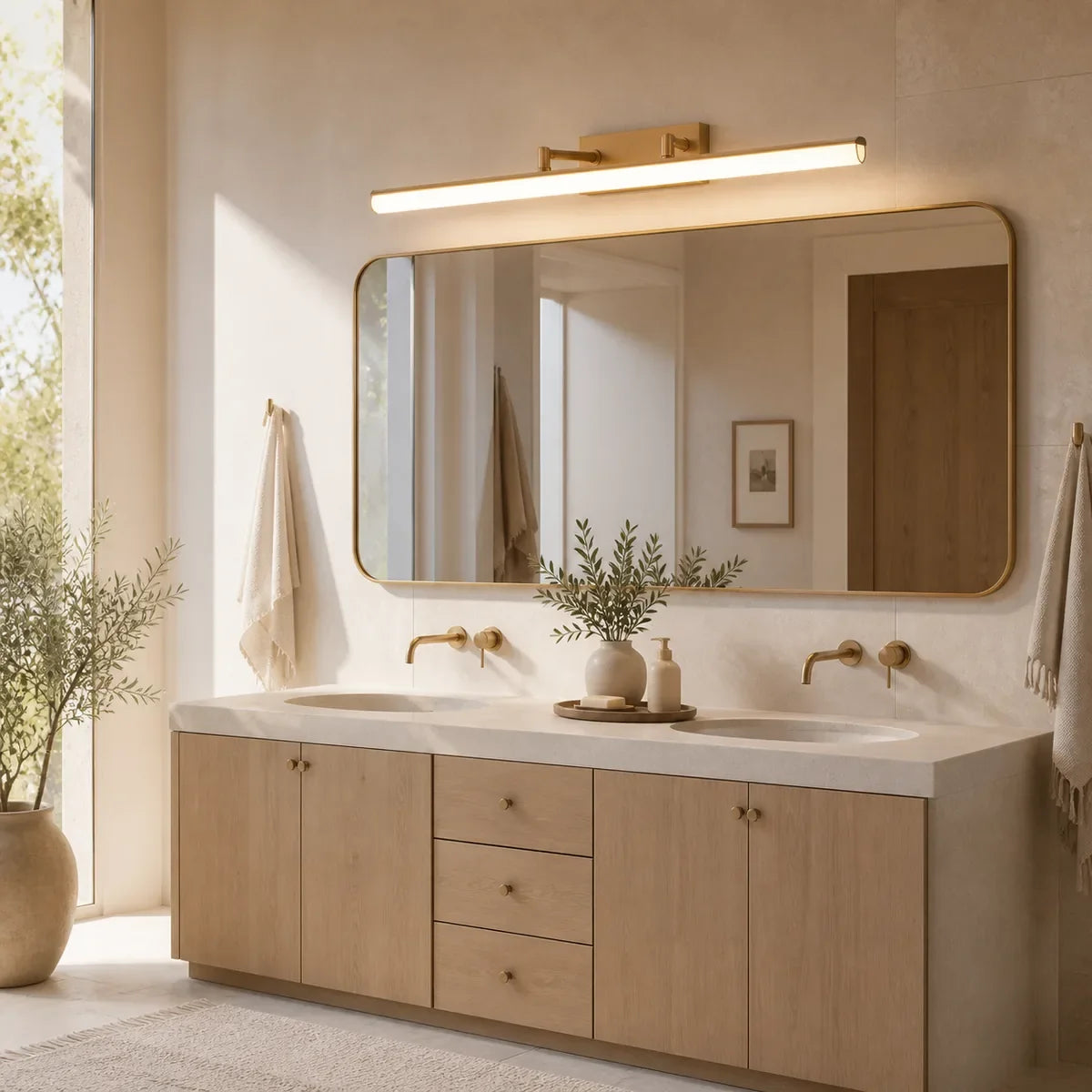 Luminara Gold dual-rod vanity light in a Scandinavian double bathroom