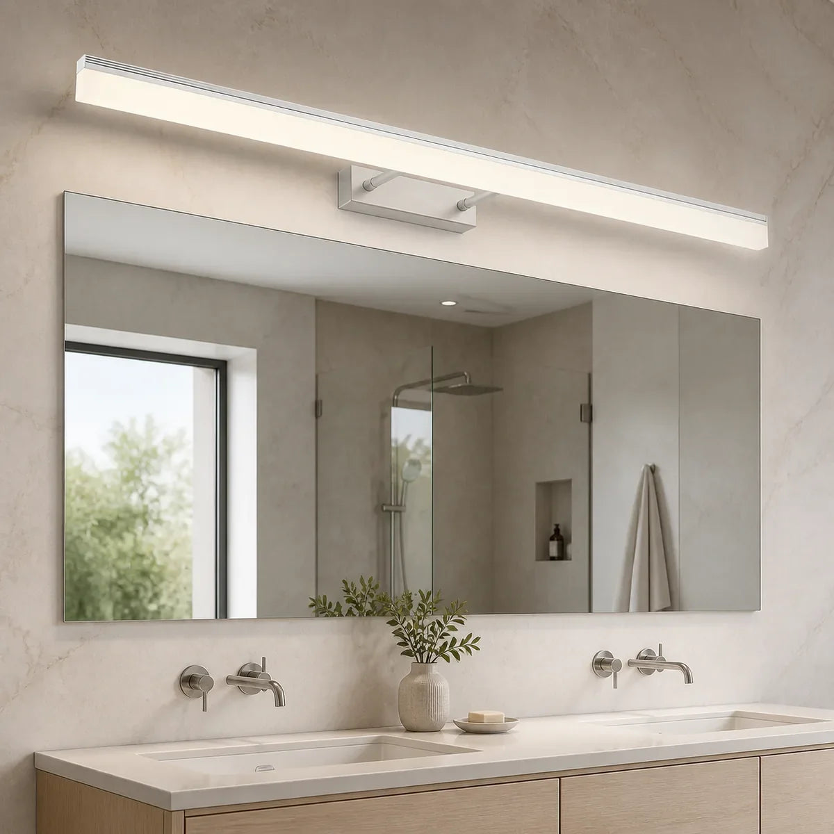 Luminara Silver 31.5 inch dual-rod bathroom vanity light over a double vanity