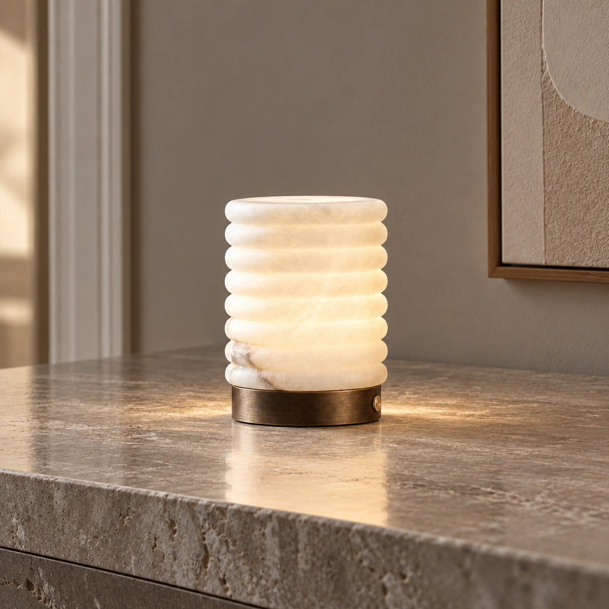 Nivelle | Sculptural Rechargeable Table Lamp with Natural Alabaster, Cordless LED & USB Charging