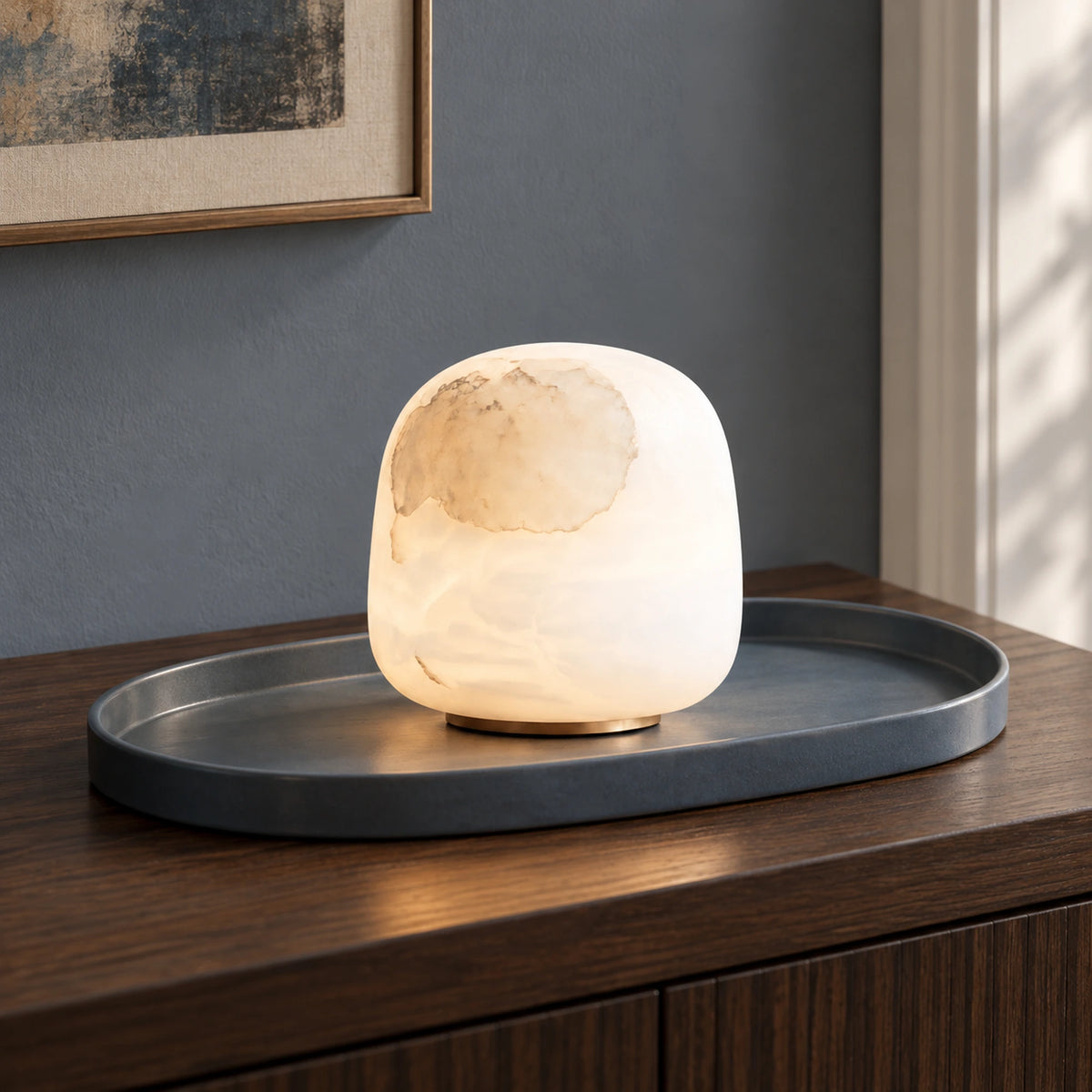 Nivelle | Sculptural Rechargeable Table Lamp with Natural Alabaster, Cordless LED & USB Charging