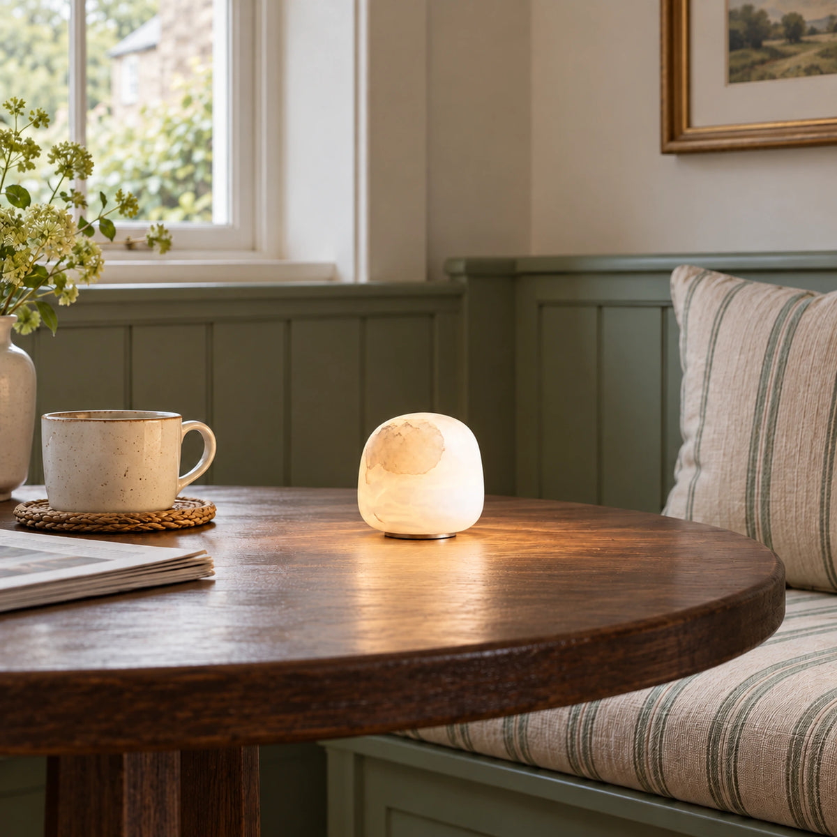 Medium Nivelle lamp with White illumination on a breakfast table beside a mug.