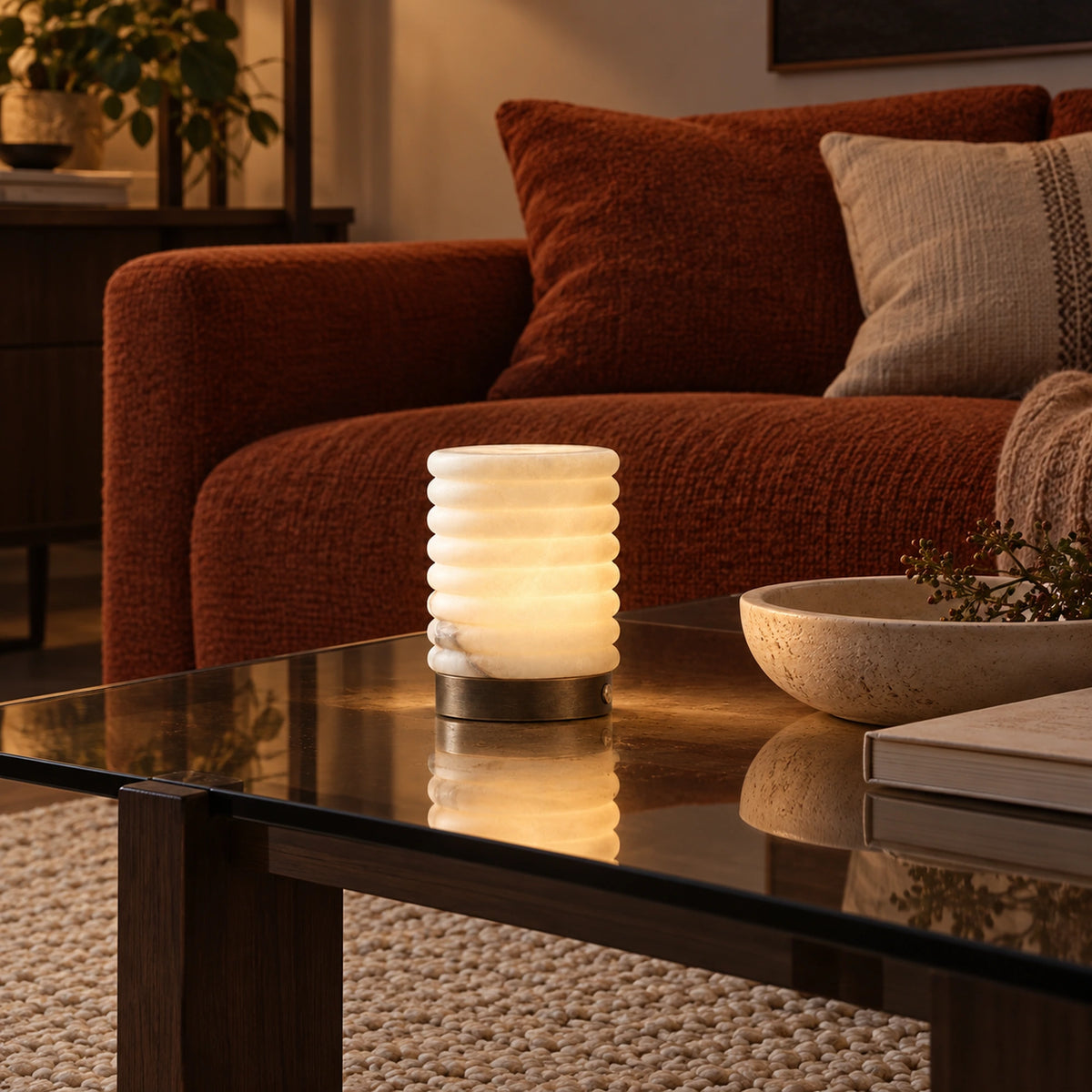 Nivelle | Sculptural Rechargeable Table Lamp with Natural Alabaster, Cordless LED & USB Charging