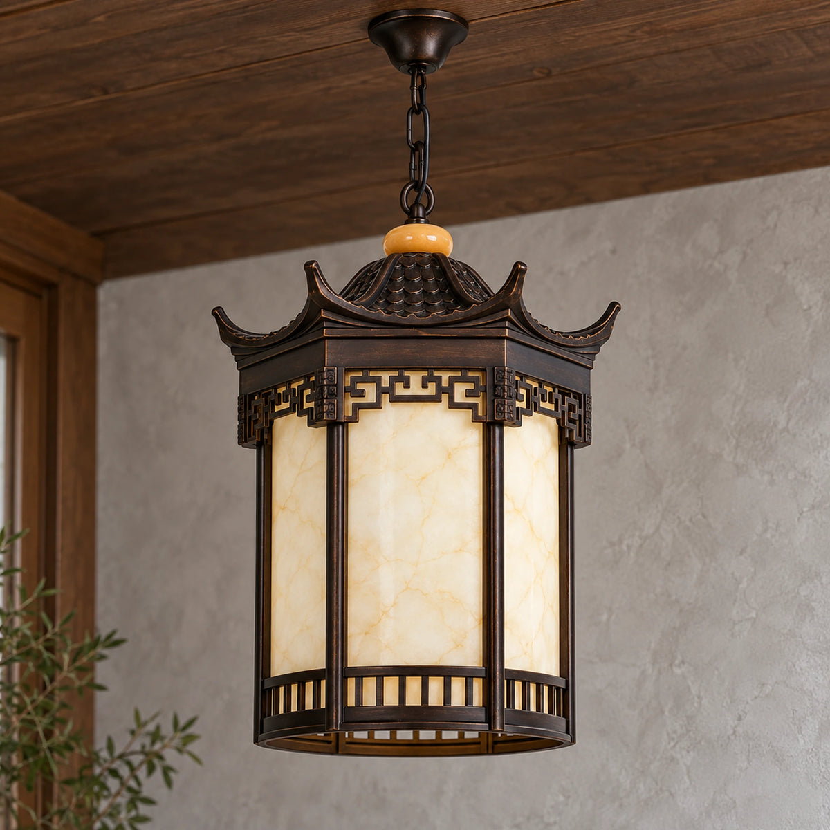 Pagora Large pendant from an angled view, showing the pagoda roof, tall panels, lower rail, chain and canopy.