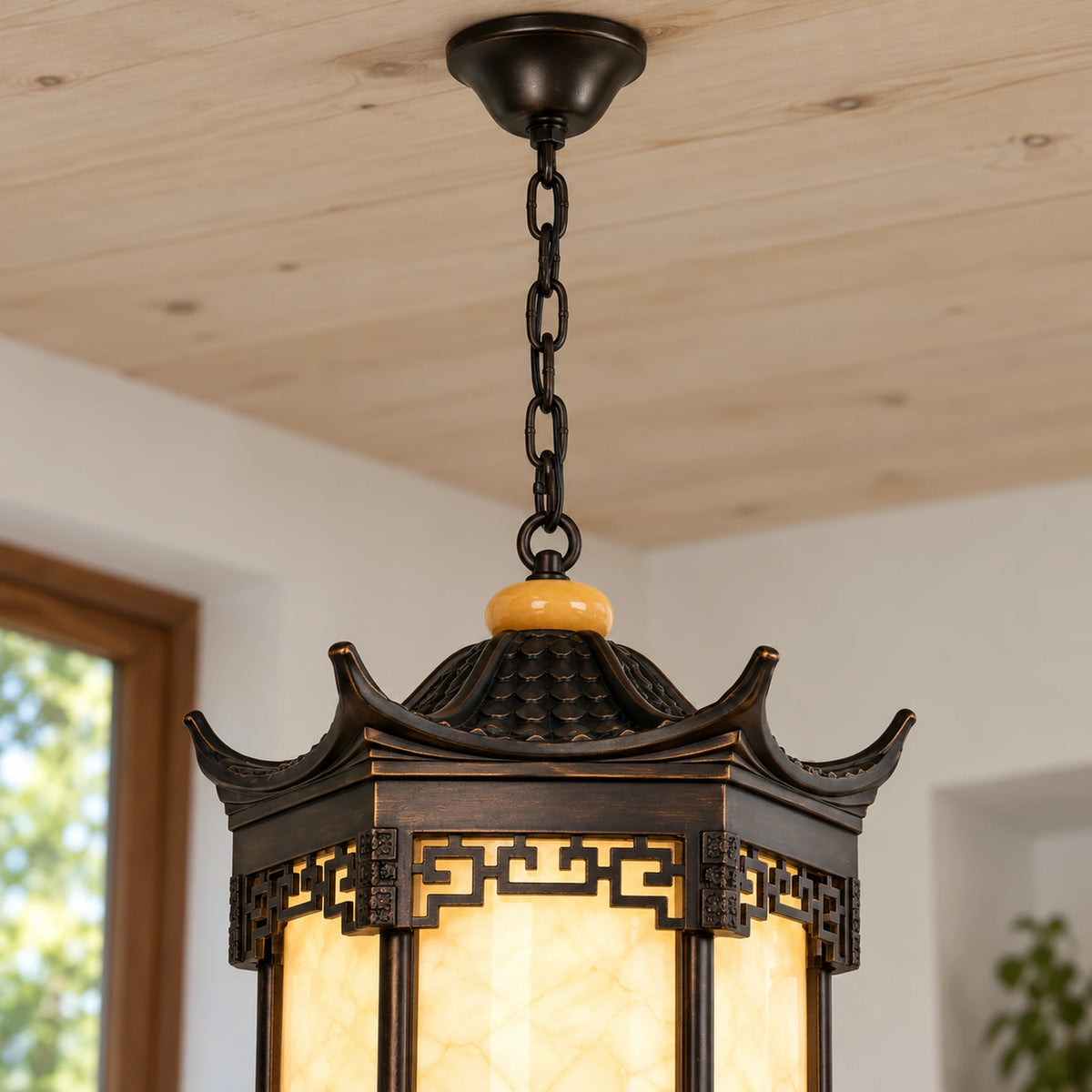 Pagora | Classic Pagoda Outdoor Hanging Light with Faux Alabaster & Bronze Gold Aluminium
