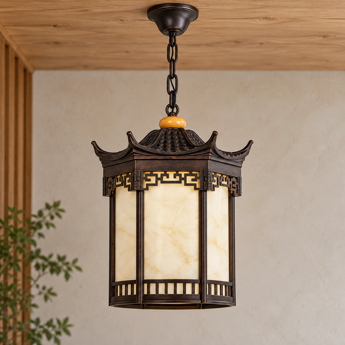 Pagora | Classic Pagoda Outdoor Hanging Light with Faux Alabaster & Bronze Gold Aluminium
