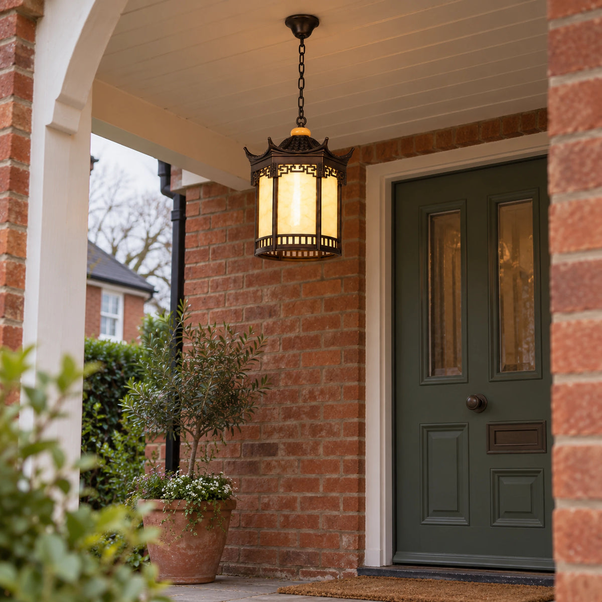 Pagora | Classic Pagoda Outdoor Hanging Light with Faux Alabaster & Bronze Gold Aluminium