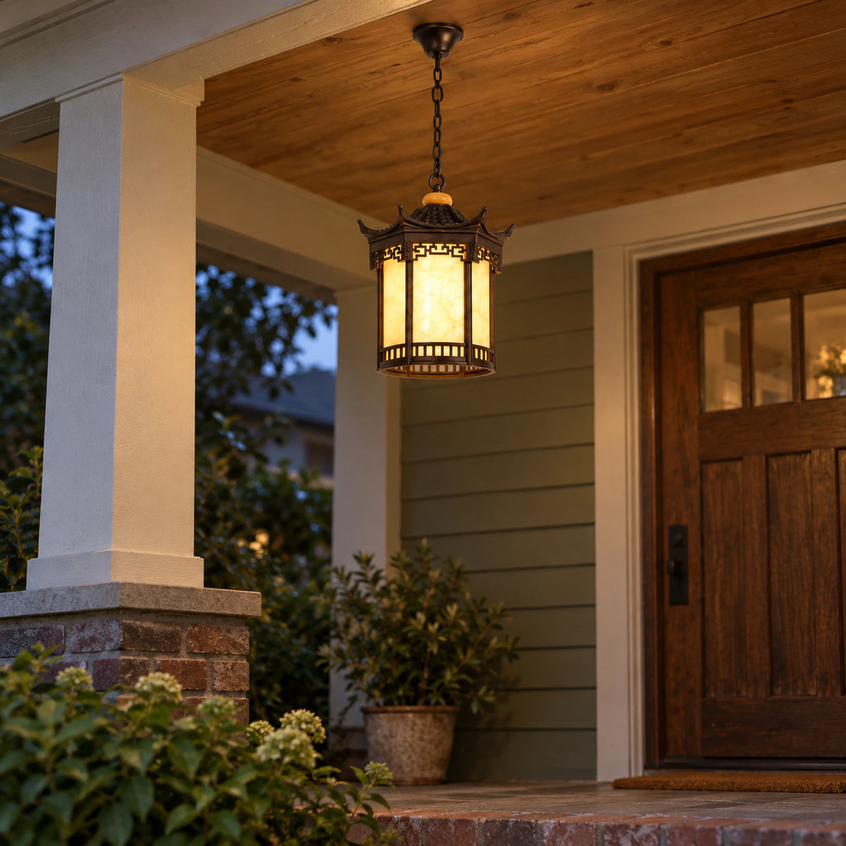 Pagora | Classic Pagoda Outdoor Hanging Light with Faux Alabaster & Bronze Gold Aluminium