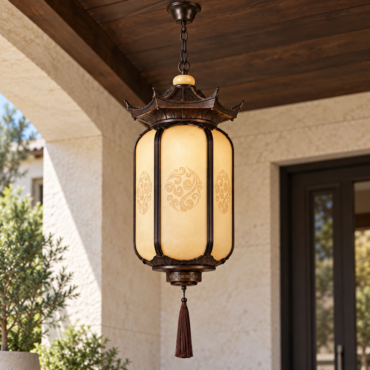 Pavilora | Elegant Pagoda Outdoor Pendant Light with Faux Alabaster Panels & Bronze Gold Frame