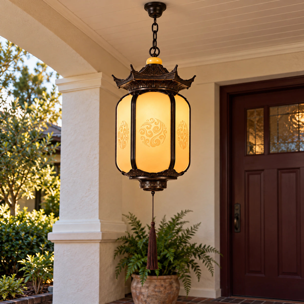 Pavilora | Elegant Pagoda Outdoor Pendant Light with Faux Alabaster Panels & Bronze Gold Frame