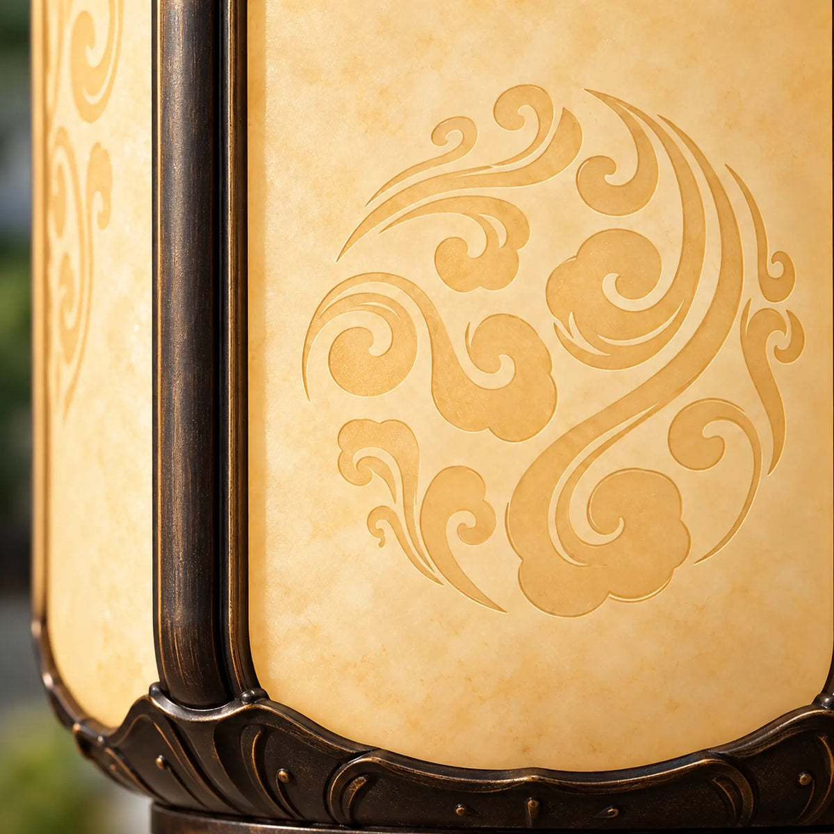 Pavilora | Elegant Pagoda Outdoor Pendant Light with Faux Alabaster Panels & Bronze Gold Frame
