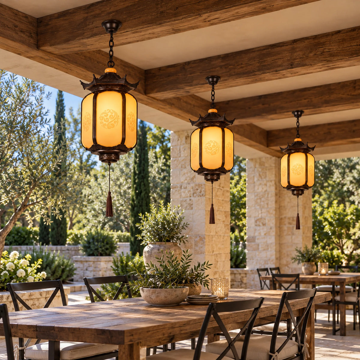 Pavilora | Elegant Pagoda Outdoor Pendant Light with Faux Alabaster Panels & Bronze Gold Frame