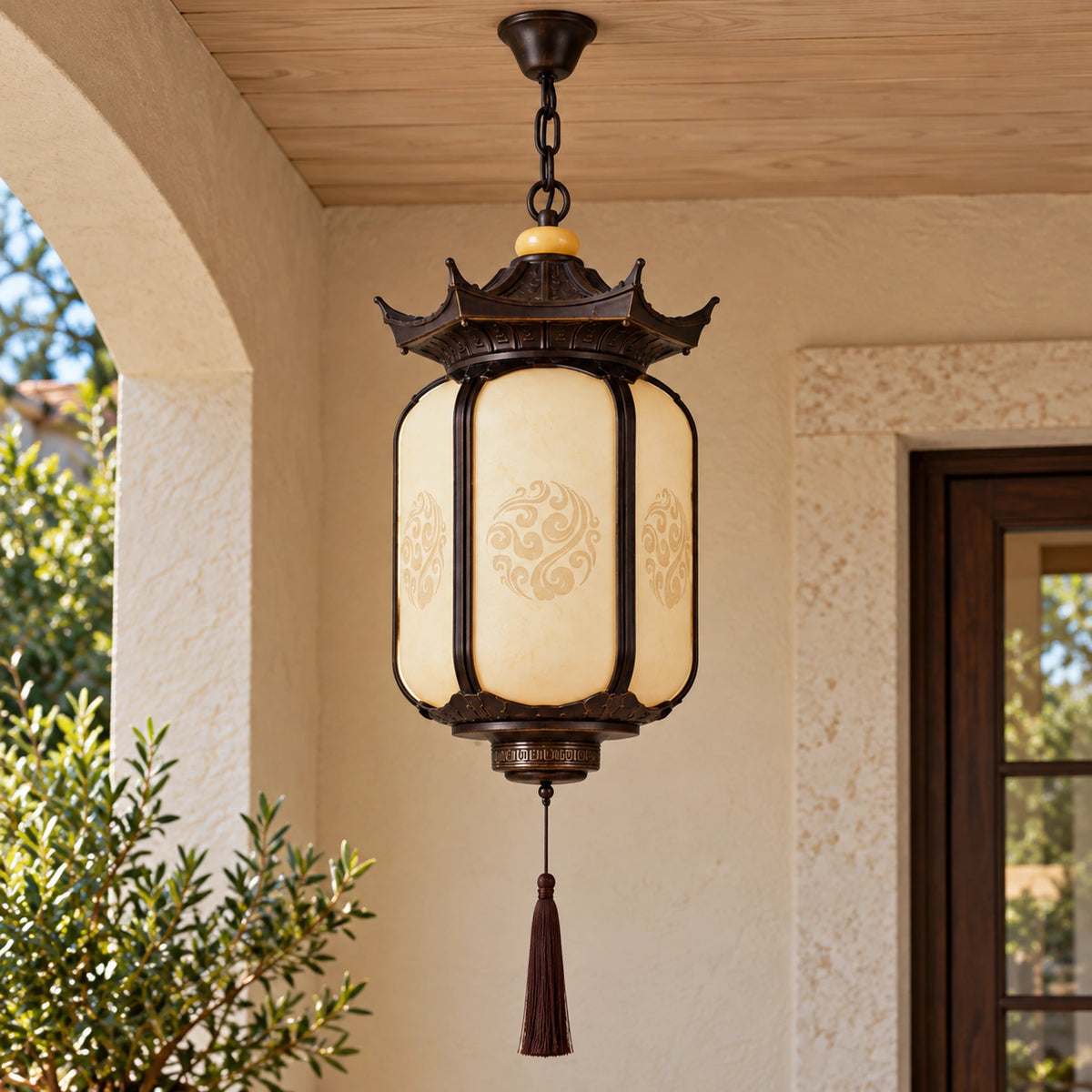 Pavilora | Elegant Pagoda Outdoor Pendant Light with Faux Alabaster Panels & Bronze Gold Frame
