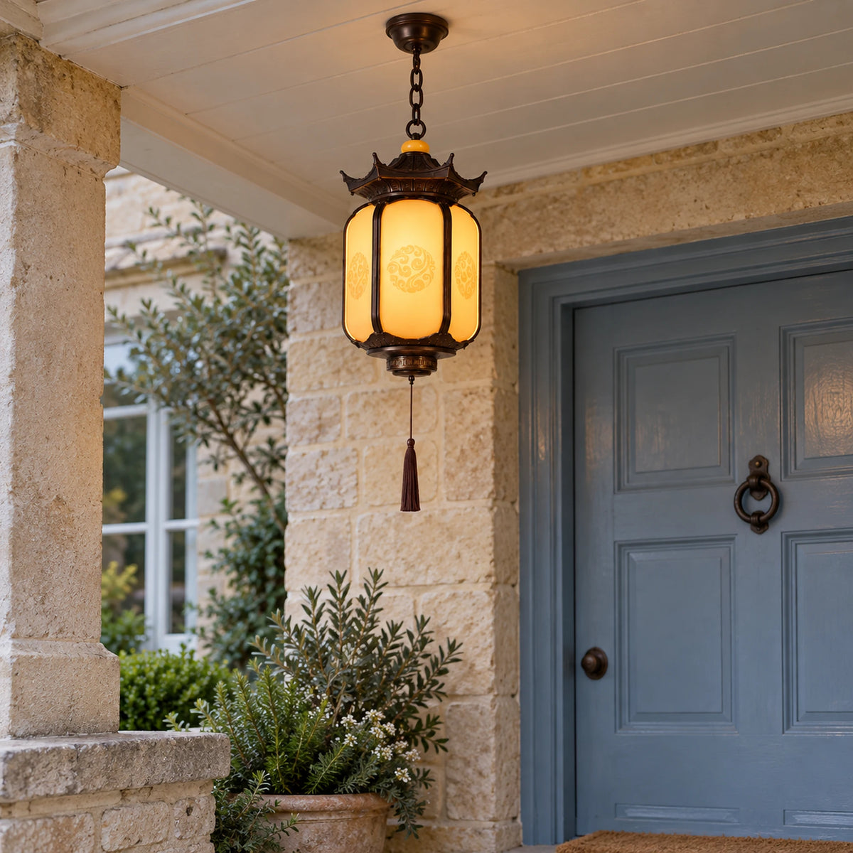 Pavilora | Elegant Pagoda Outdoor Pendant Light with Faux Alabaster Panels & Bronze Gold Frame