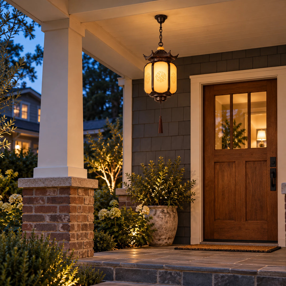 Pavilora | Elegant Pagoda Outdoor Pendant Light with Faux Alabaster Panels & Bronze Gold Frame