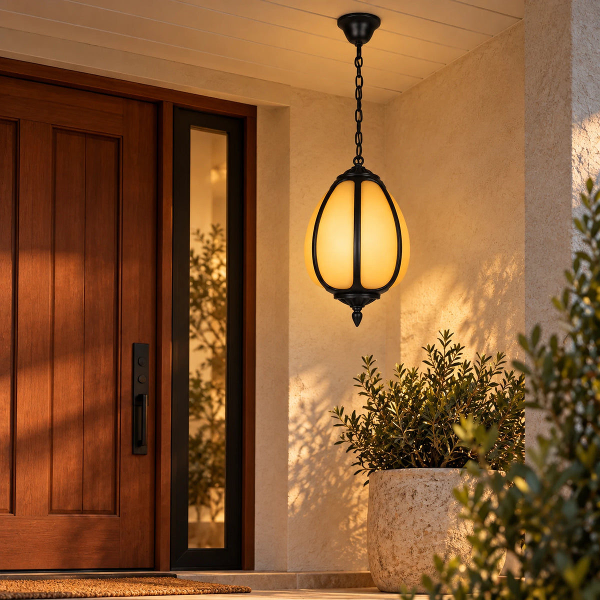 Petalora black pendant glowing beside a timber entrance door beneath a sheltered porch ceiling.