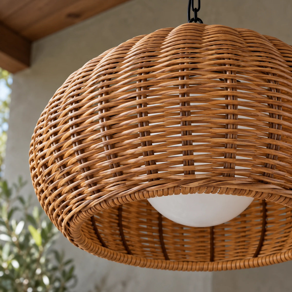 Close-up of the Weavora woven shade, bound lower rim and recessed white light source.