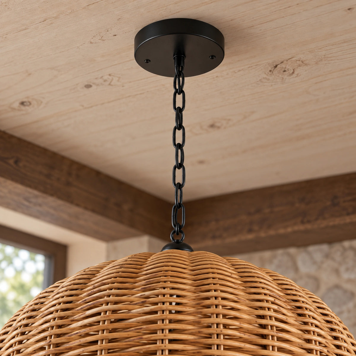 Weavora black ceiling canopy, linked suspension chain and attachment above the woven shade.