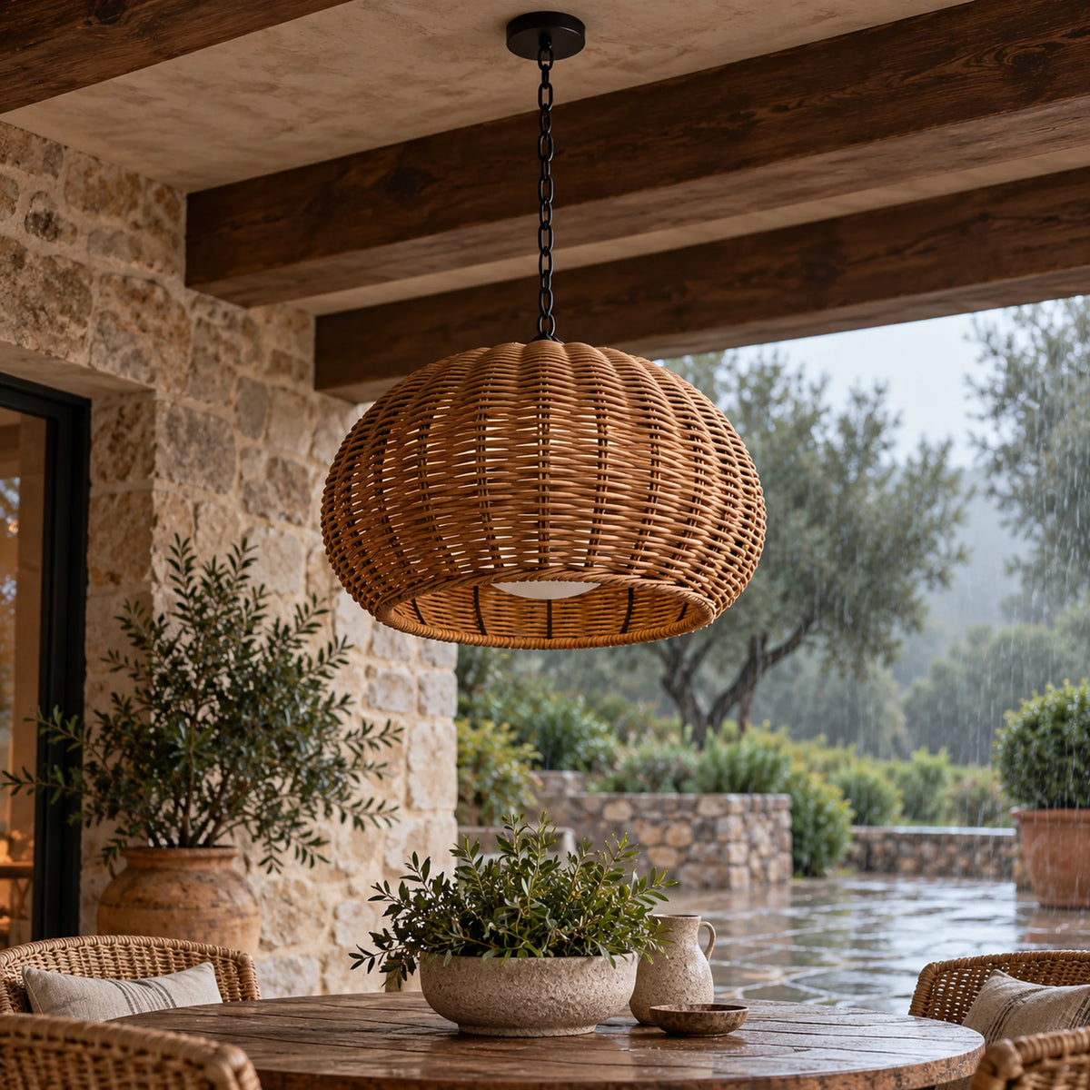 Weavora | Rustic Outdoor Hanging Pendant Light in Woven PE Rattan, Warm 3000K & IP65 Protection