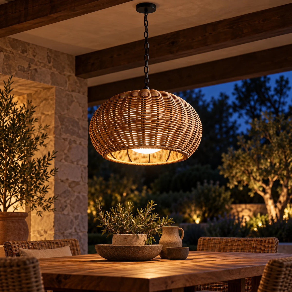 Weavora | Rustic Outdoor Hanging Pendant Light in Woven PE Rattan, Warm 3000K & IP65 Protection