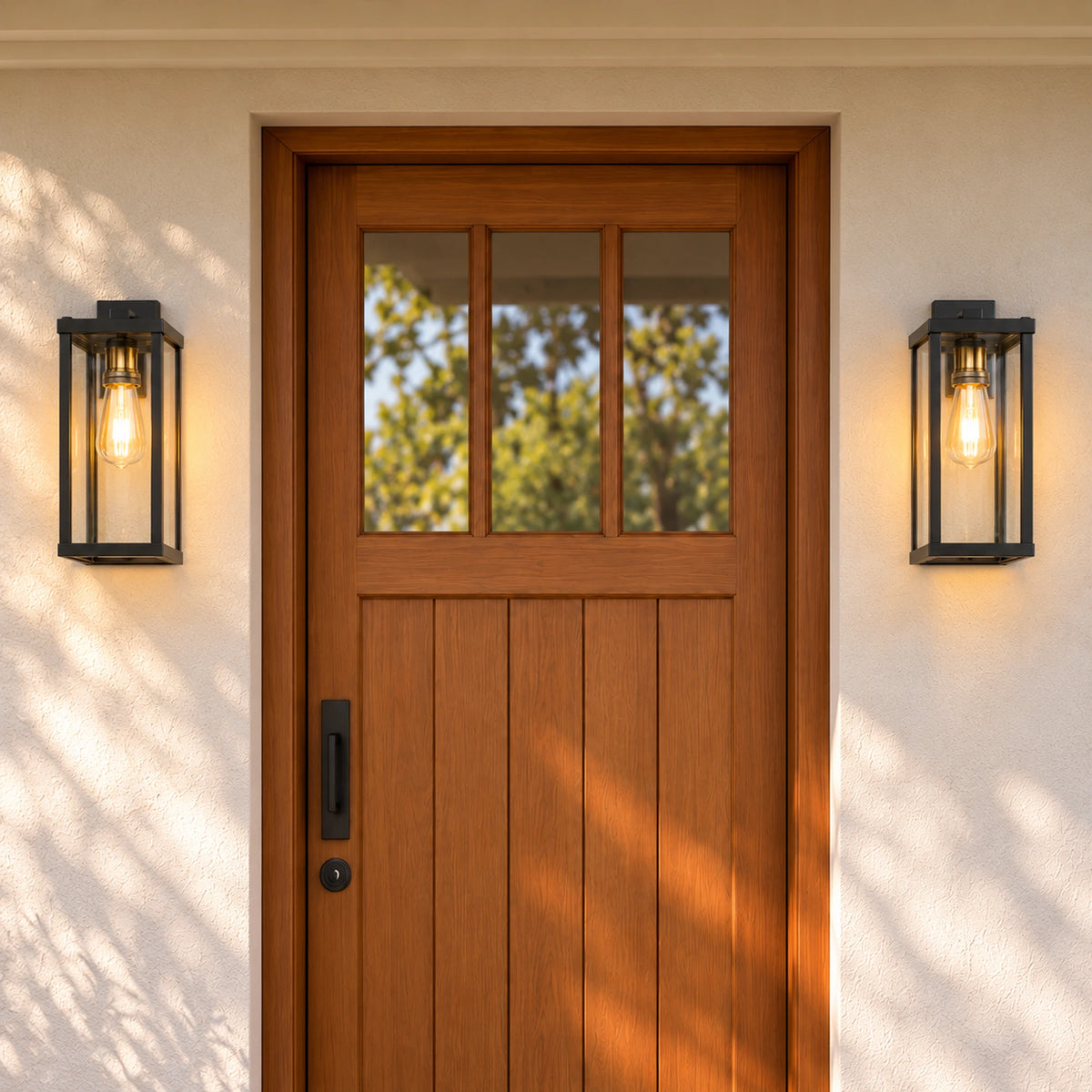 Two Portelle black glass wall lanterns mounted on a rendered wall either side of a timber doorway.