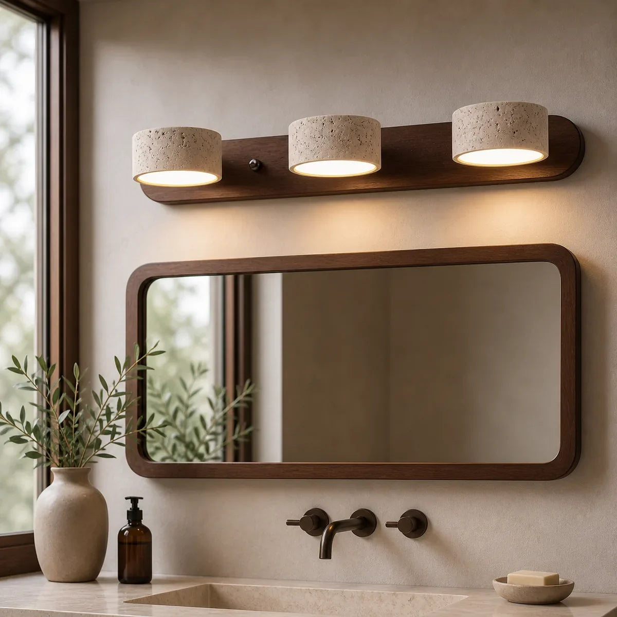 RusticaBeam Brown three-head stone vanity light above a walnut mirror