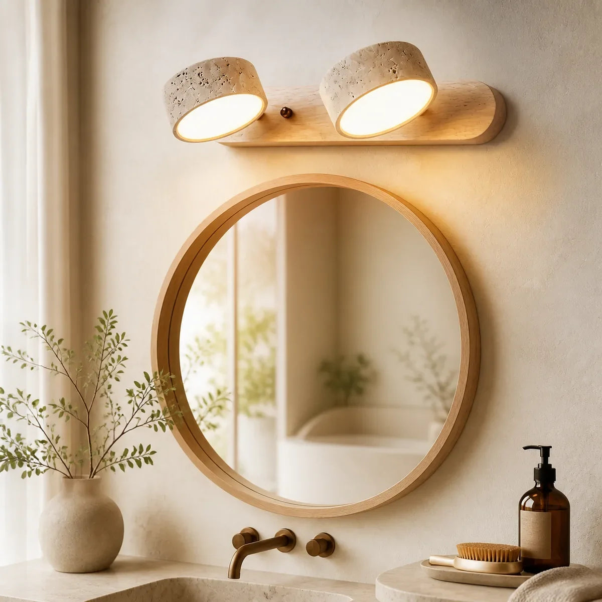 RusticaBeam Wood two-head stone vanity light close bathroom lifestyle view