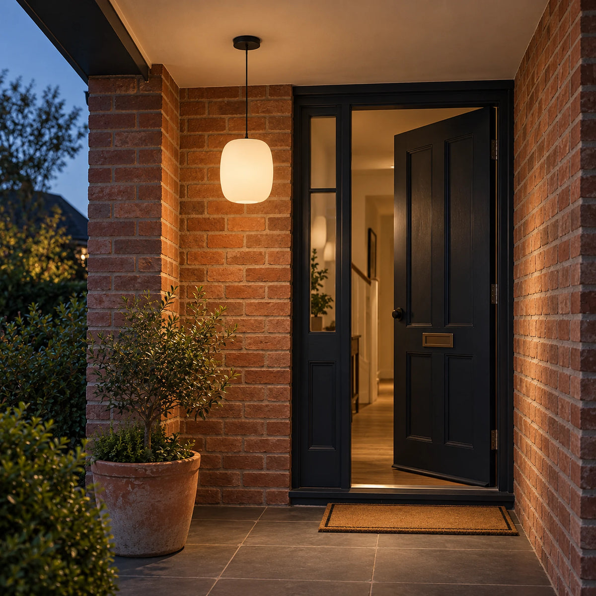 Shizora pendant at a covered brick entrance beside a navy-blue door.