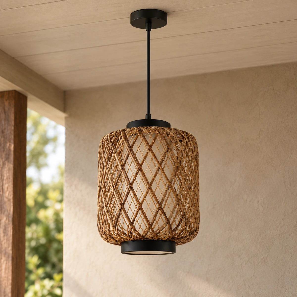 Tressora | Rustic Outdoor Hanging Pendant Light in Hand-Woven Rattan & Iron with Adjustable Cord