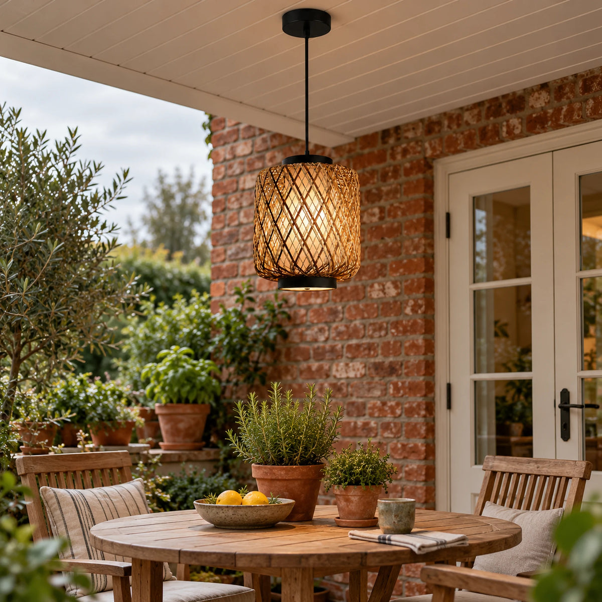 Tressora | Rustic Outdoor Hanging Pendant Light in Hand-Woven Rattan & Iron with Adjustable Cord