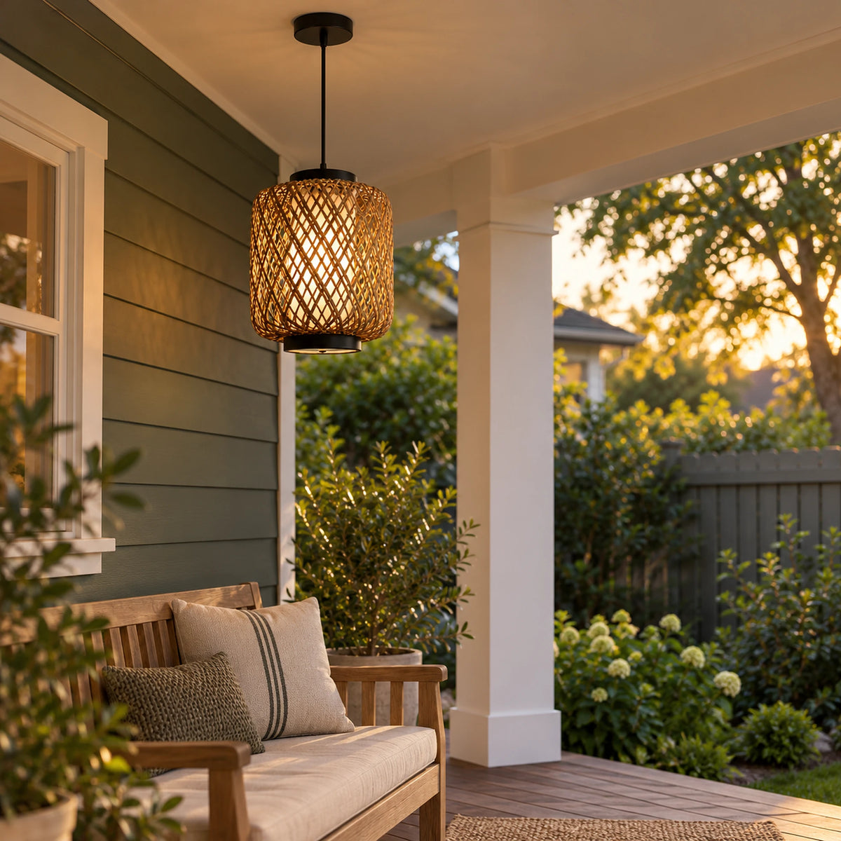 Tressora | Rustic Outdoor Hanging Pendant Light in Hand-Woven Rattan & Iron with Adjustable Cord