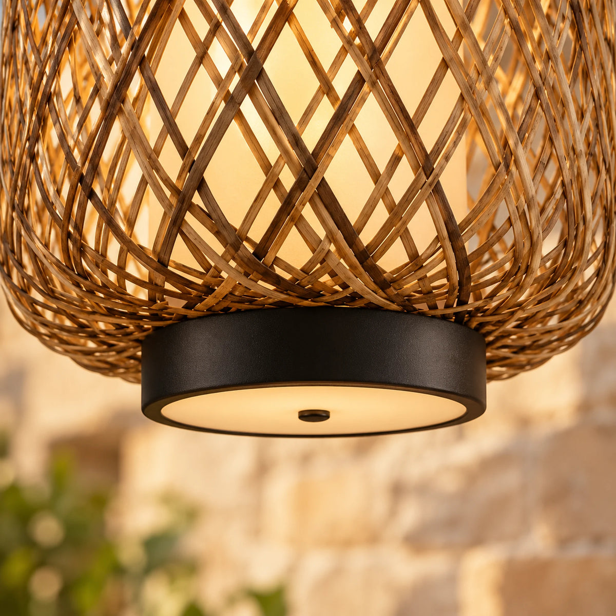 Tressora | Rustic Outdoor Hanging Pendant Light in Hand-Woven Rattan & Iron with Adjustable Cord