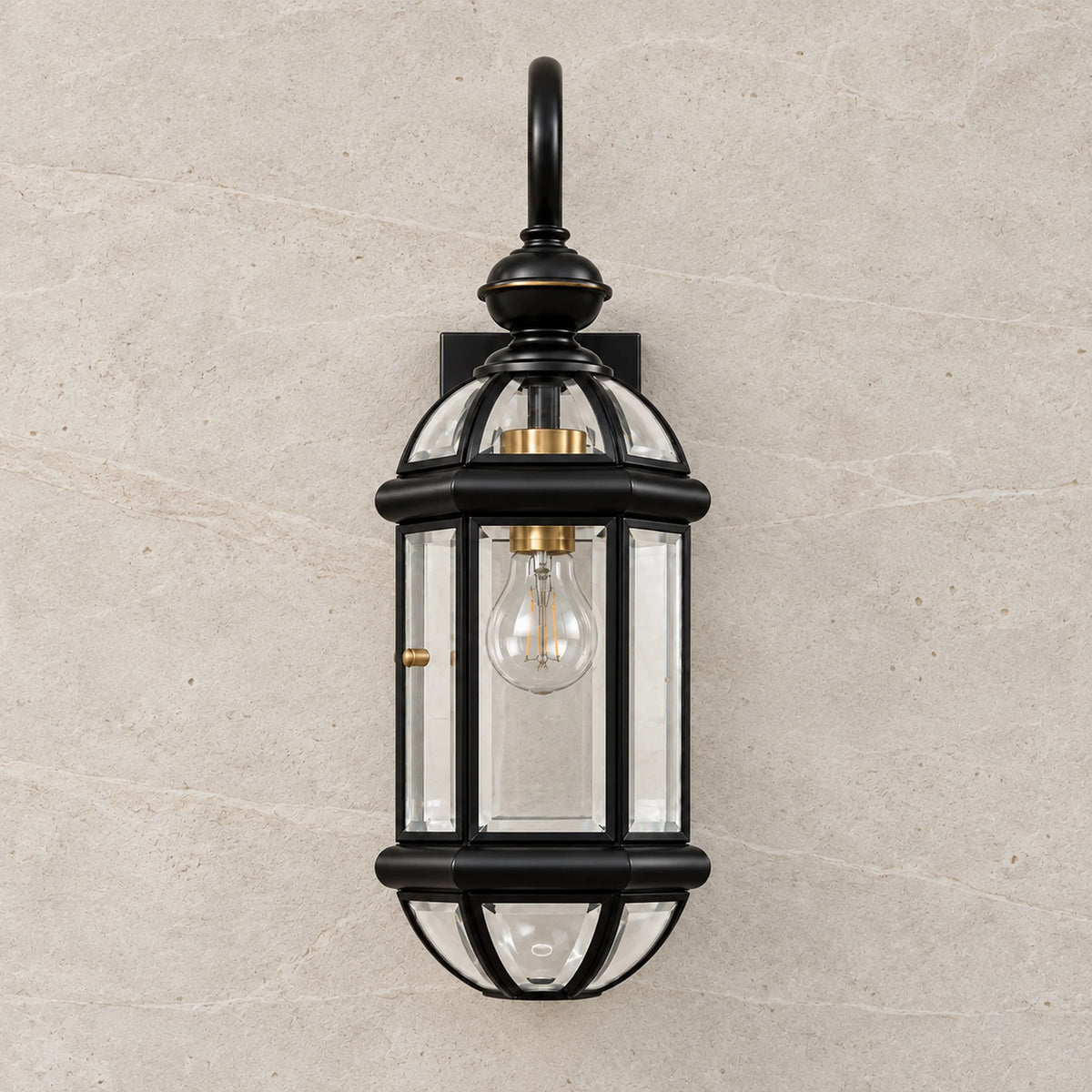 Vintara | Vintage Black Brass Outdoor Wall Lantern with Clear Glass, 63 cm Height & IP56