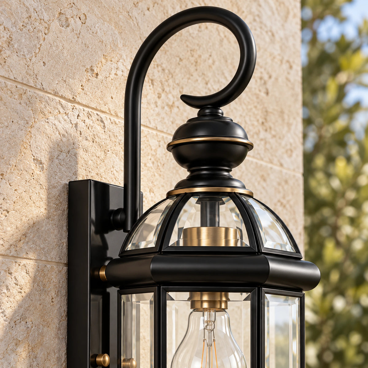 Vintara | Vintage Black Brass Outdoor Wall Lantern with Clear Glass, 63 cm Height & IP56