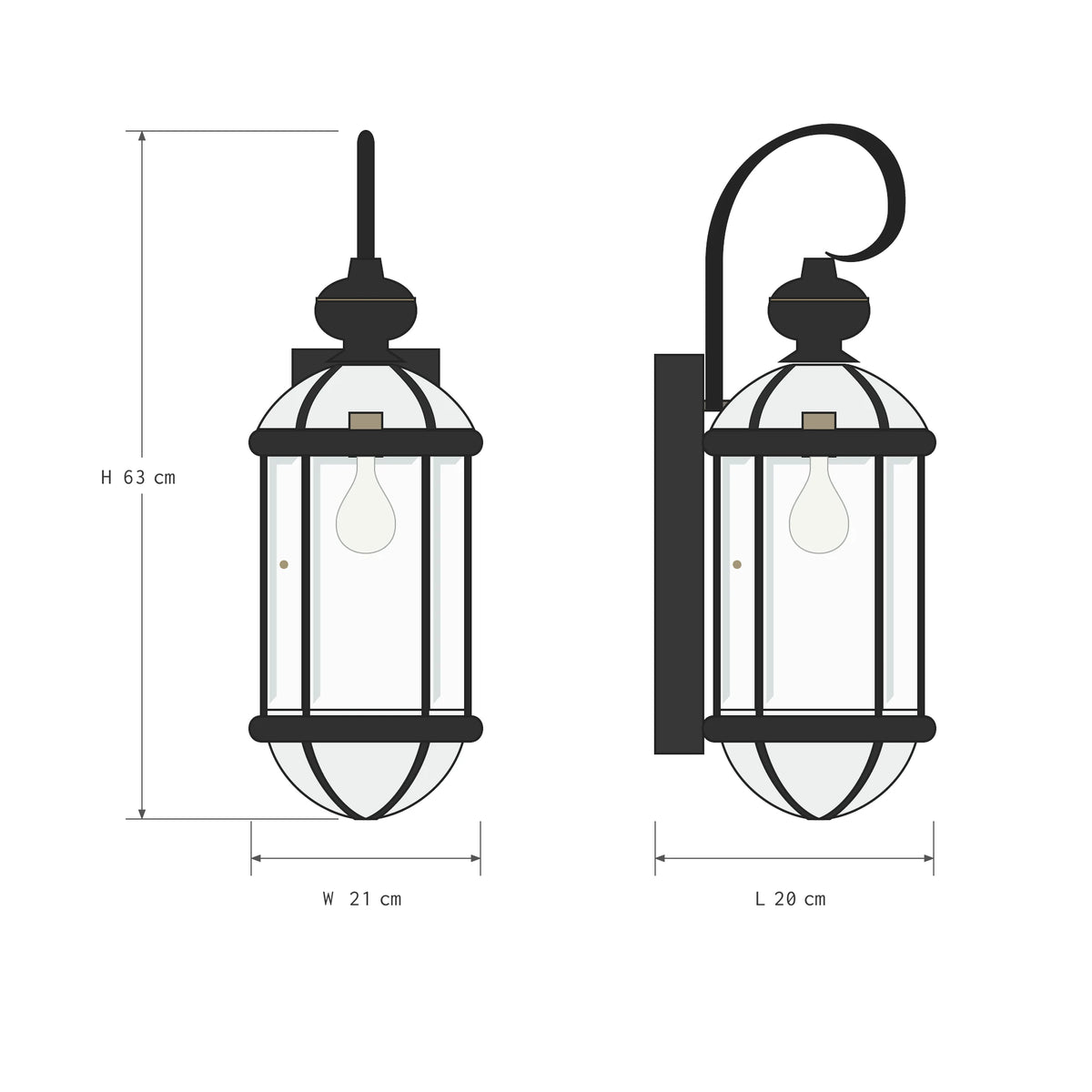 Vintara | Vintage Black Brass Outdoor Wall Lantern with Clear Glass, 63 cm Height & IP56