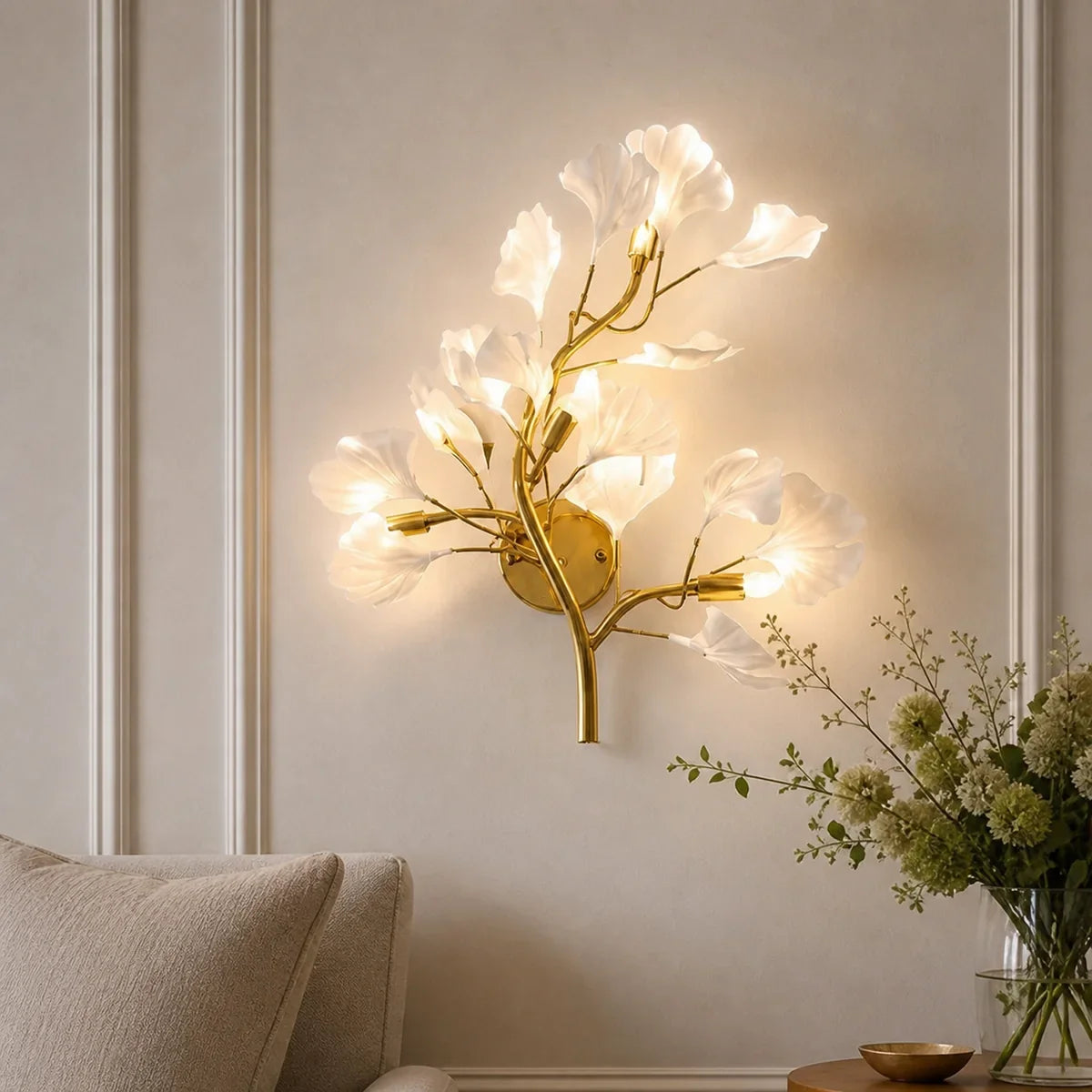 JasmineGlow ginkgo wall sconce in neutral tricolor setting