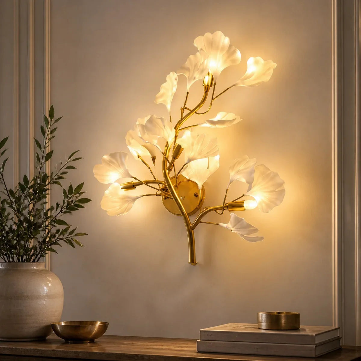 JasmineGlow ginkgo wall sconce in warm white lifestyle setting