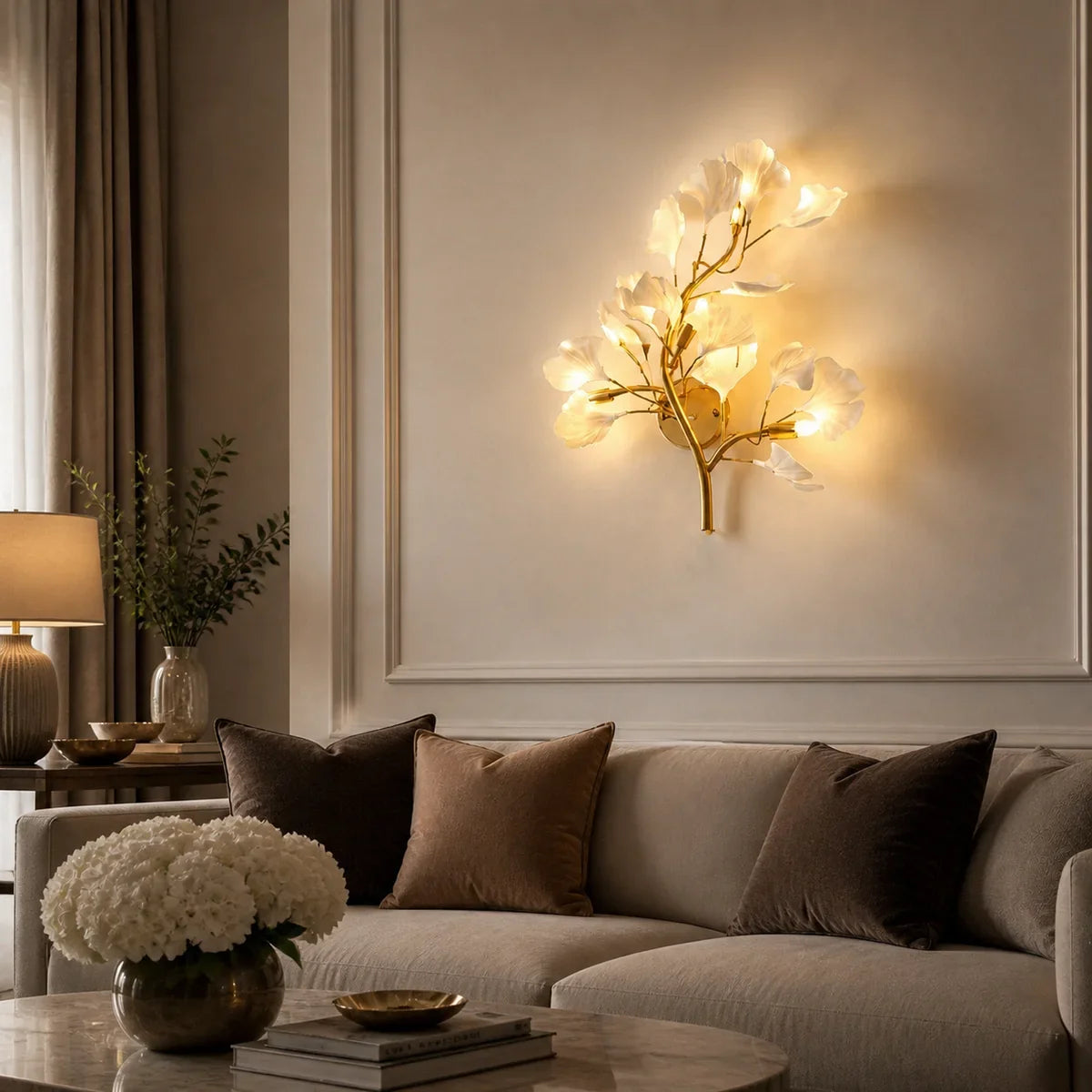 JasmineGlow ginkgo wall sconce in a wide living room