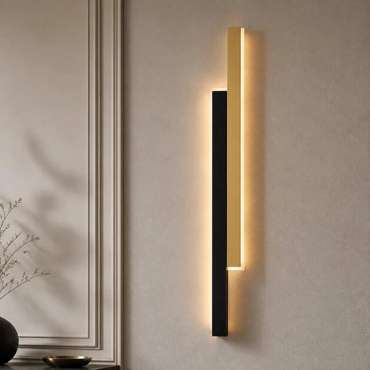 Lumenara Black and Gold twin-rail linear wall light in an interior