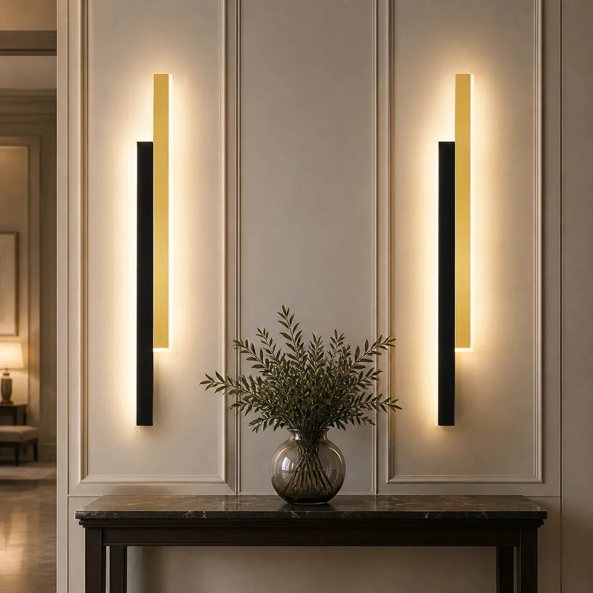Pair of Lumenara Black and Gold twin-rail wall lights in a panelled interior