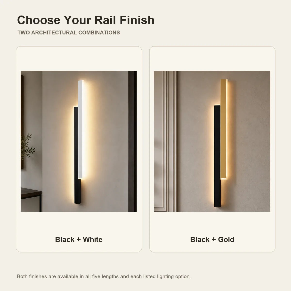 Lumenara Black and White and Black and Gold rail finish comparison