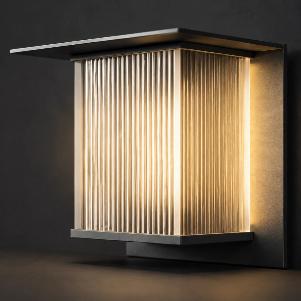 Luminara 18cm black outdoor wall light with a ribbed shade and slim metal canopy
