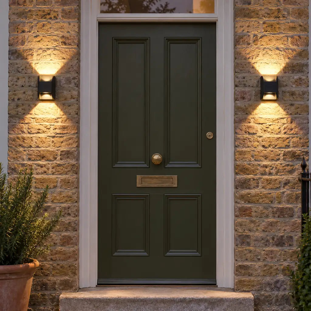 Two Luminara 12cm up and down wall lights flanking an olive front door