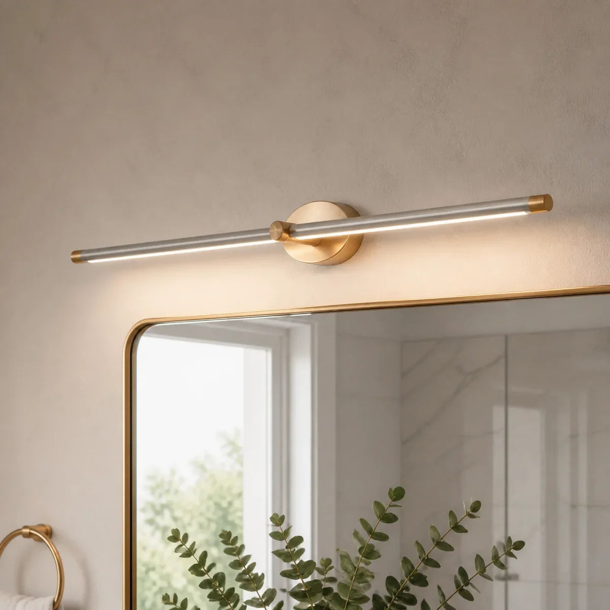 Luminara 27 inch Brushed Nickel and Gold mirror light in a bathroom